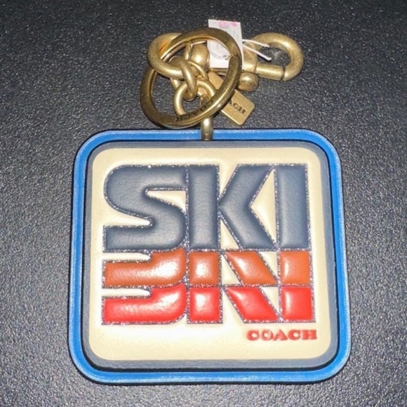 Coach Ski Patch Bag Charm Keychain Brass/Ivory/Orange Multi Smooth Leather NWT - Picture 4 of 12